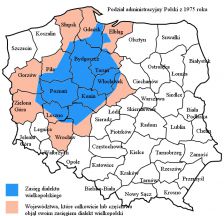 Zasięg dialektu wielkopolskiego na tle podziału administracyjnego Polski w 1975 roku